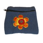 Porte monnaie tissu bleu broderie fleur orange petit miroir