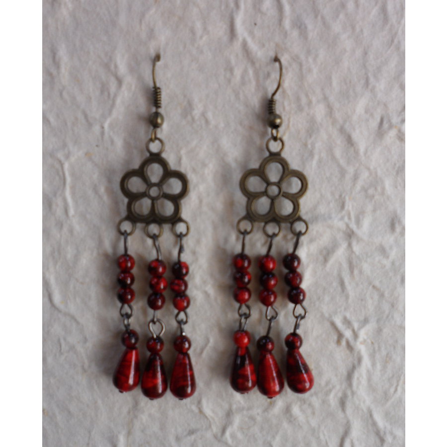 Pendants d'oreilles perles et fleur cerise