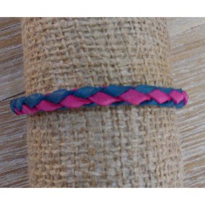 Bracelet rond cuir tressé rose et bleu