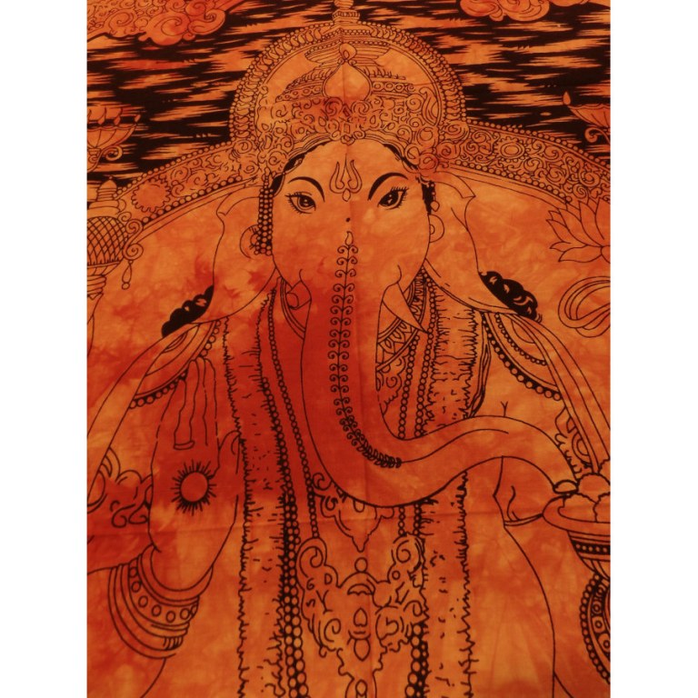 Petite tenture orange abhayamudrâ Ganesh et son rat