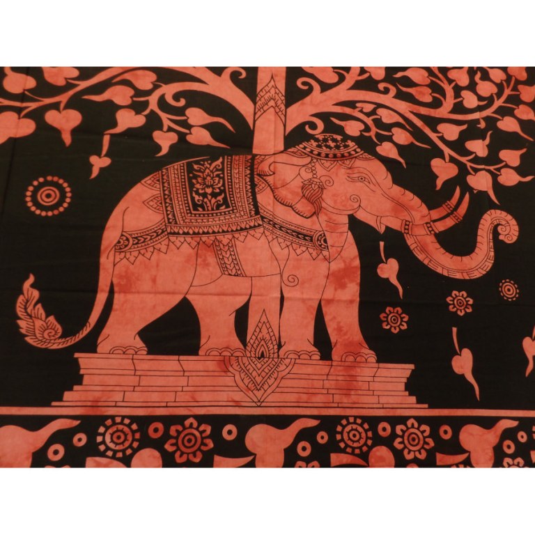 Grande tenture noire arbre de vie et éléphant rouge coquelicot