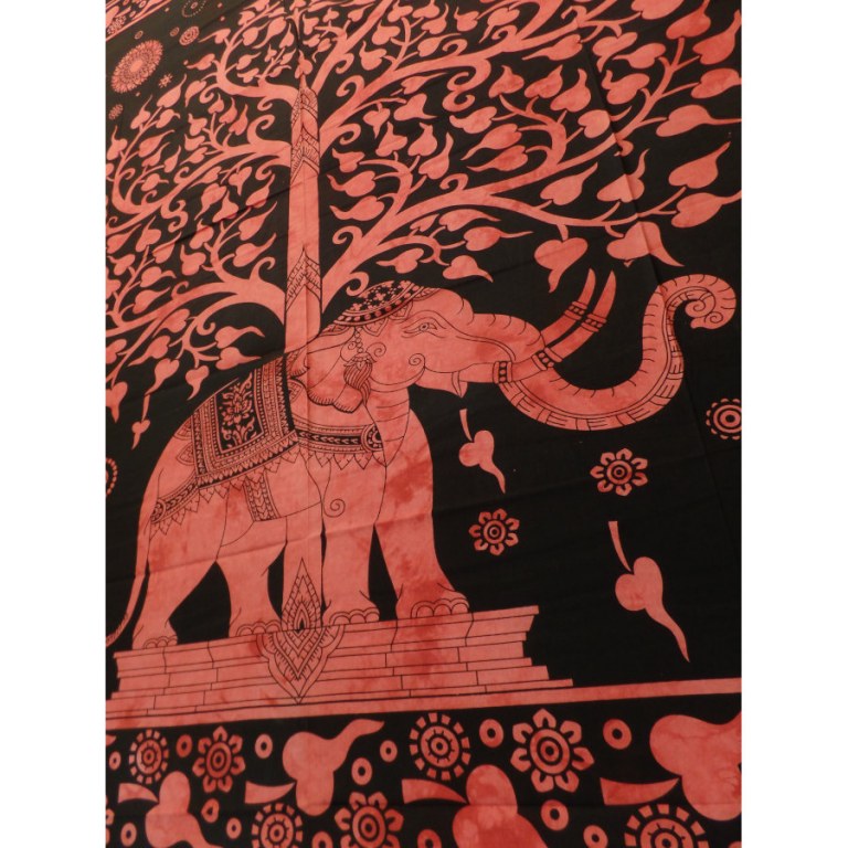 Grande tenture noire arbre de vie et éléphant rouge coquelicot