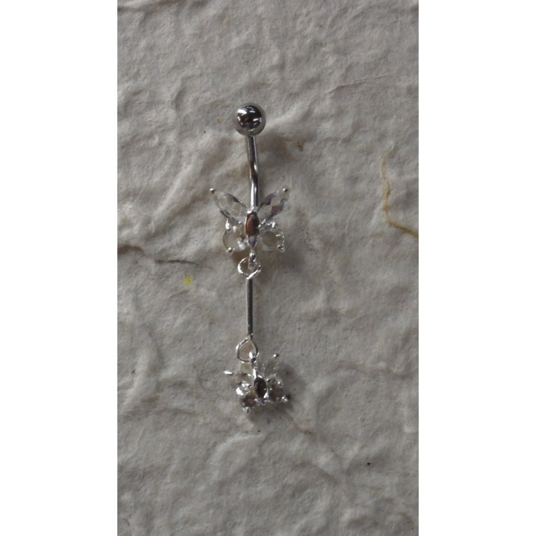 Piercing nombril argent & strass duo de papillons