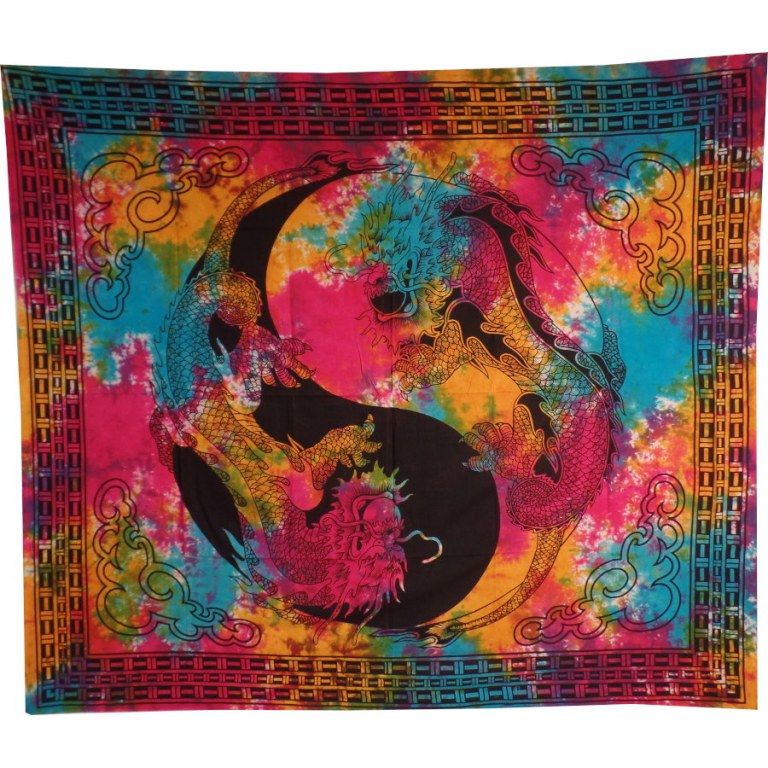 Tenture multicolore dragons yin yang