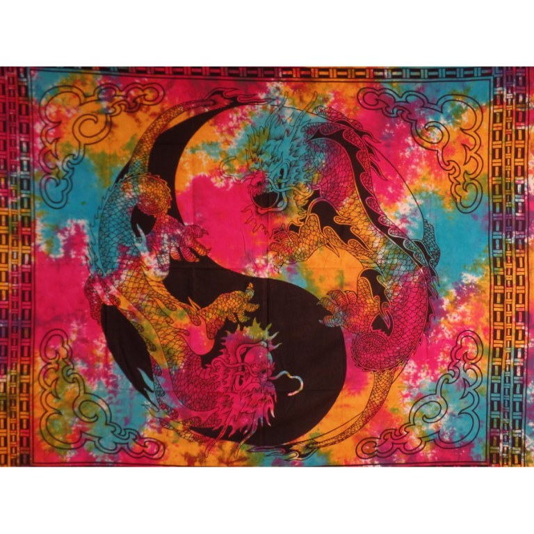 Tenture multicolore dragons yin yang
