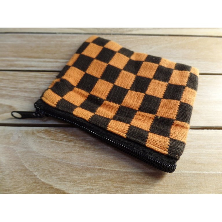 Porte monnaie plat damier orange/noir