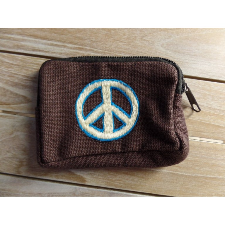 Porte monnaie marron peace and love blanc/bleu