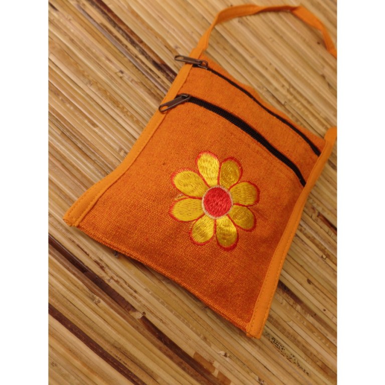 Sac passeport orange broderie florale jaune or coeur rouge