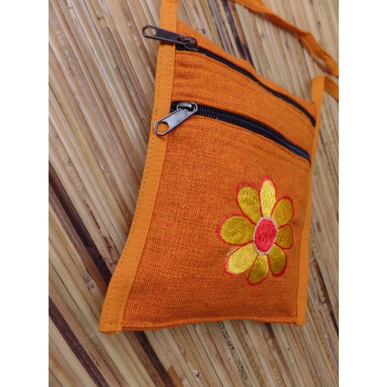 Sac passeport orange broderie florale jaune or coeur rouge