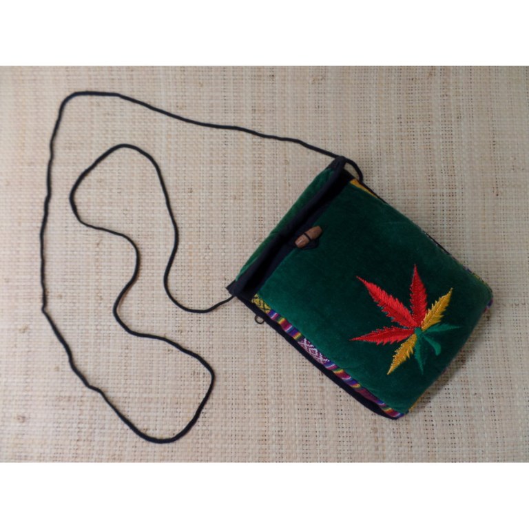 Sac velours vert/ghéri brodé feuille rasta