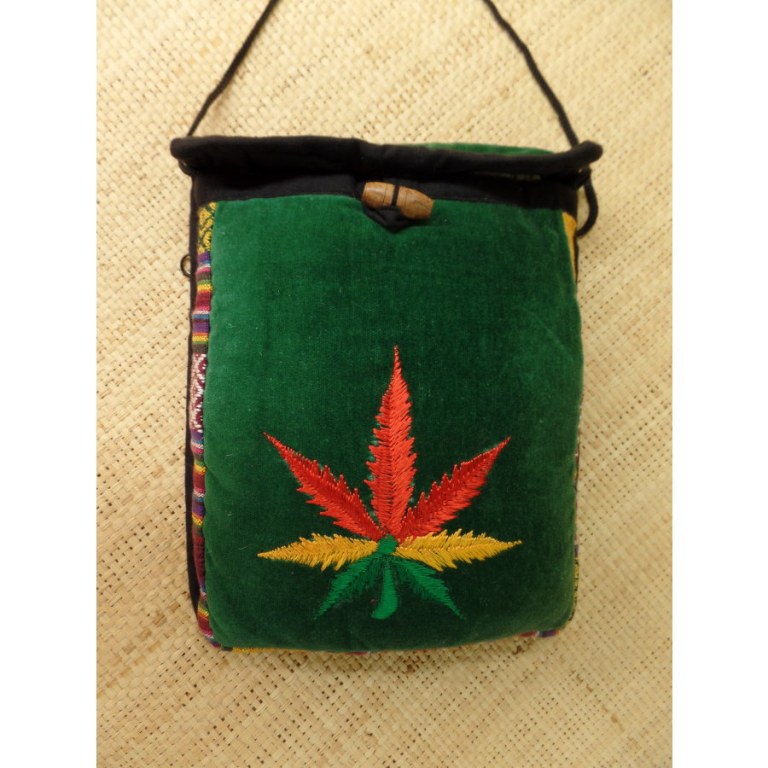 Sac velours vert/ghéri brodé feuille rasta