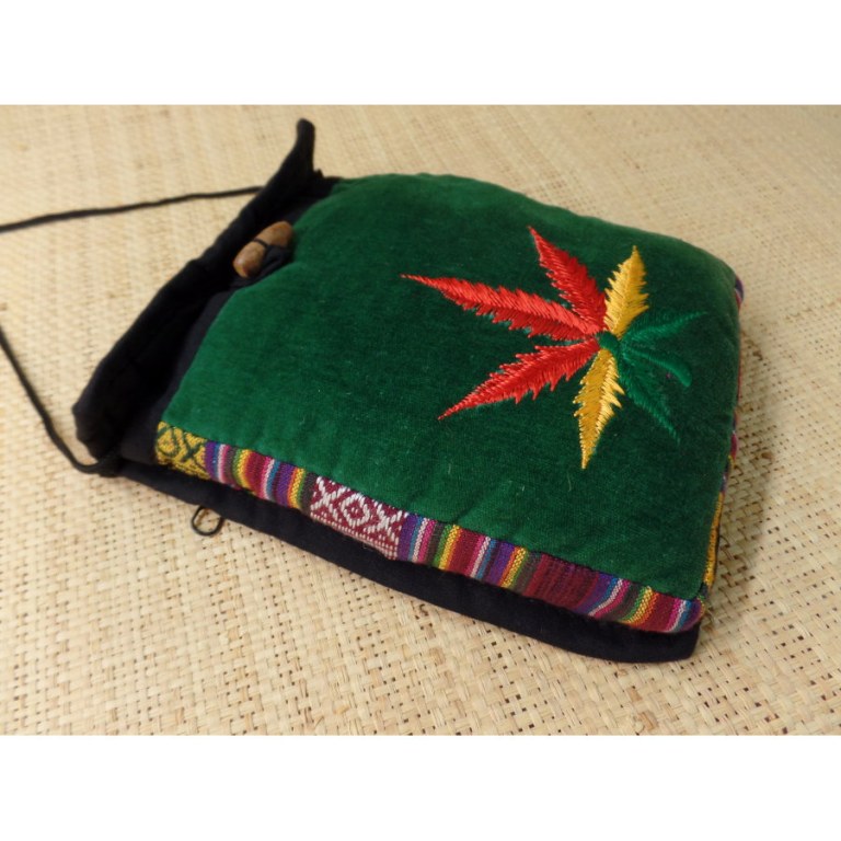 Sac velours vert/ghéri brodé feuille rasta