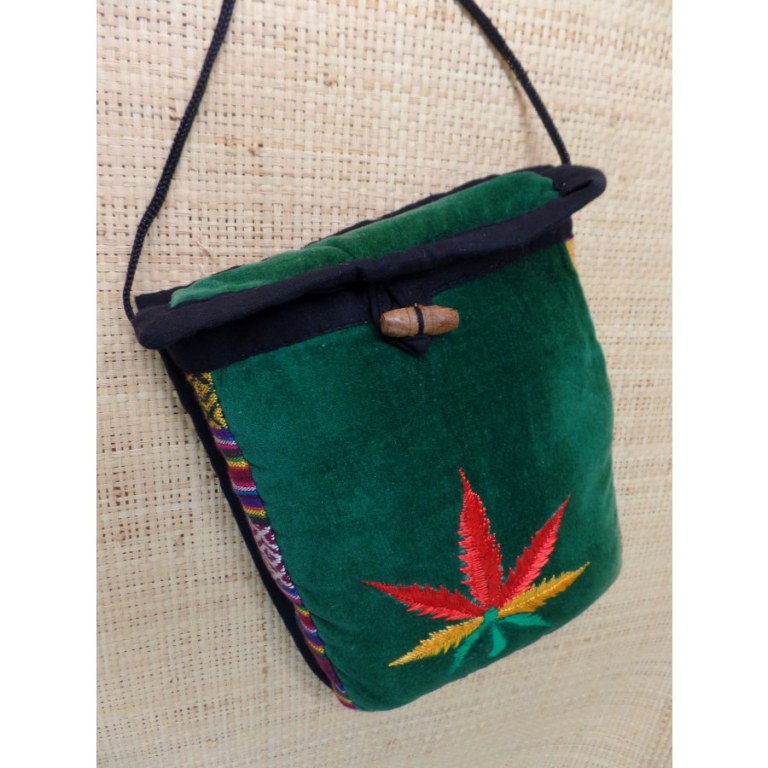 Sac velours vert/ghéri brodé feuille rasta