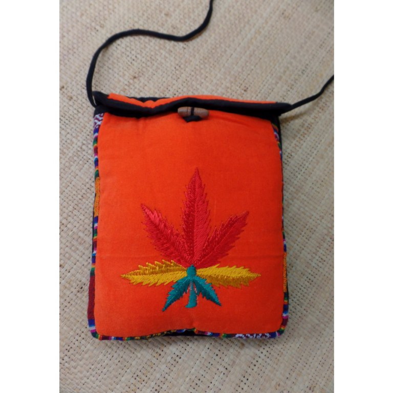 Sac velours orange ghéri brodé feuille rasta