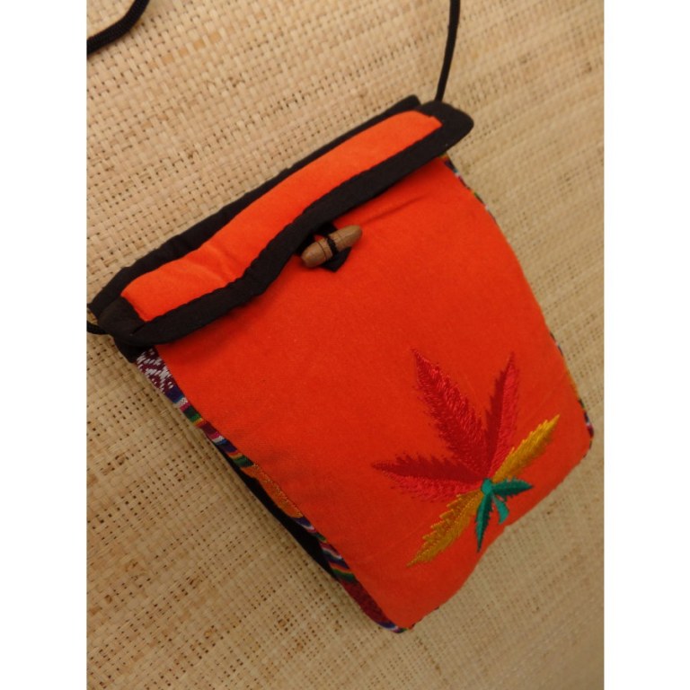 Sac velours orange ghéri brodé feuille rasta