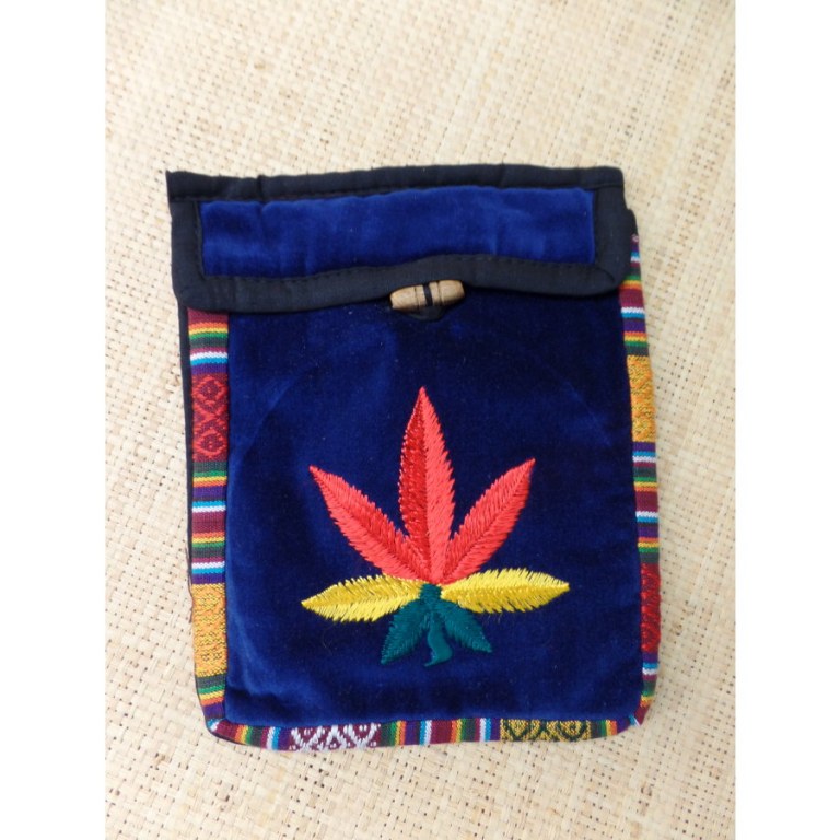 Sac velours bleu marine ghéri brodé feuille rasta