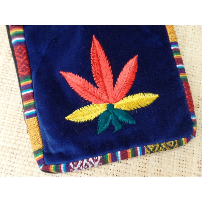 Sac velours bleu marine ghéri brodé feuille rasta