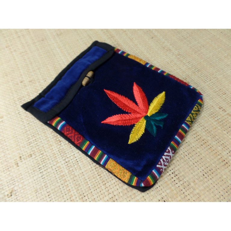 Sac velours bleu marine ghéri brodé feuille rasta