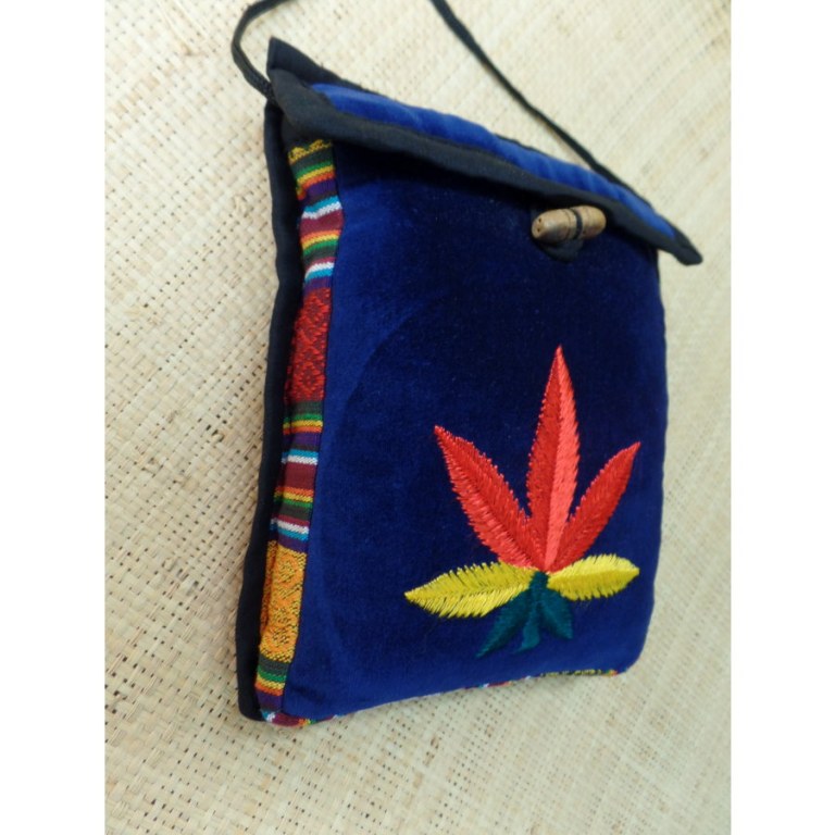 Sac velours bleu marine ghéri brodé feuille rasta