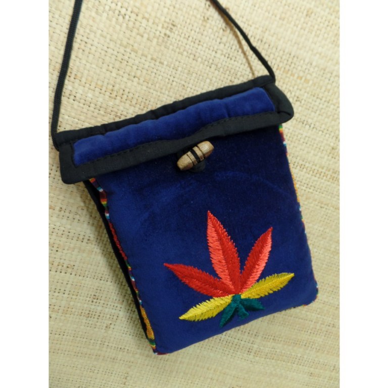 Sac velours bleu marine ghéri brodé feuille rasta