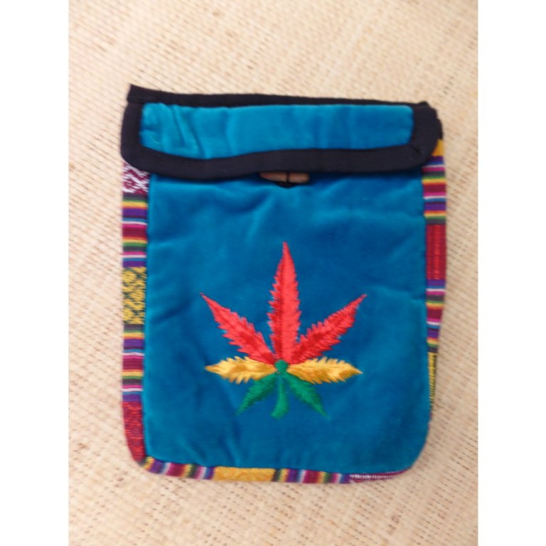 Sac velours bleu turquoise ghéri brodé feuille rasta