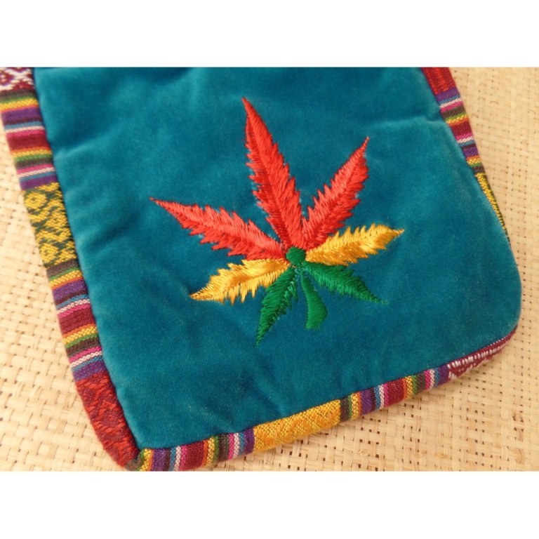 Sac velours bleu turquoise ghéri brodé feuille rasta