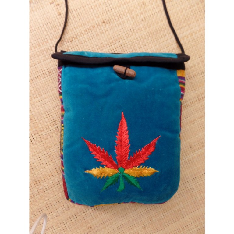 Sac velours bleu turquoise ghéri brodé feuille rasta