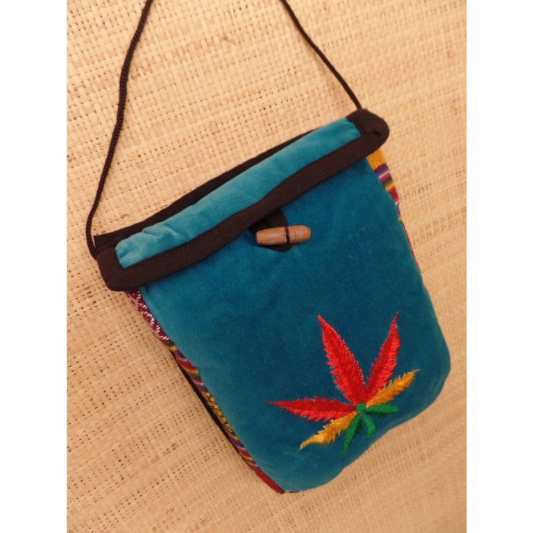 Sac velours bleu turquoise ghéri brodé feuille rasta