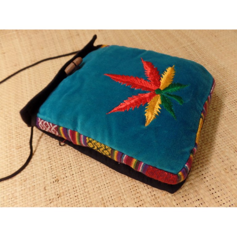 Sac velours bleu turquoise ghéri brodé feuille rasta