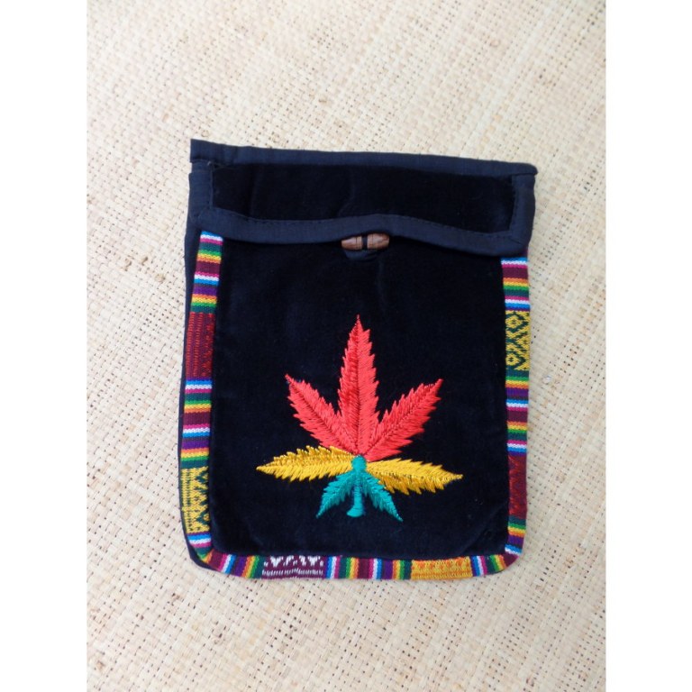 Sac velours noir ghéri brodé feuille rasta