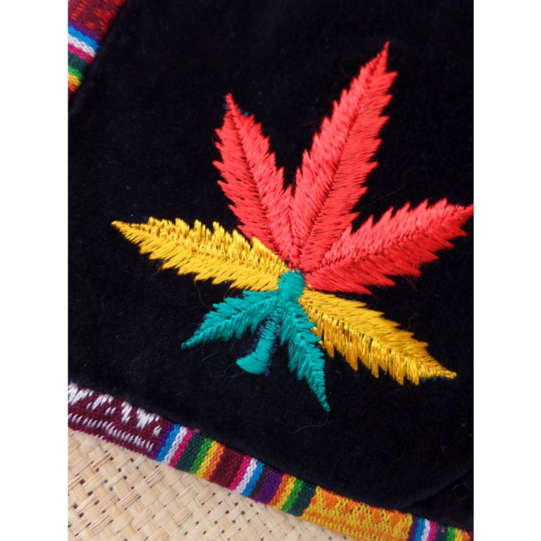 Sac velours noir ghéri brodé feuille rasta