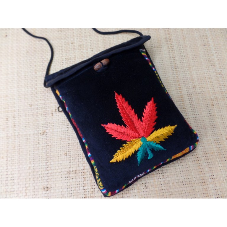 Sac velours noir ghéri brodé feuille rasta