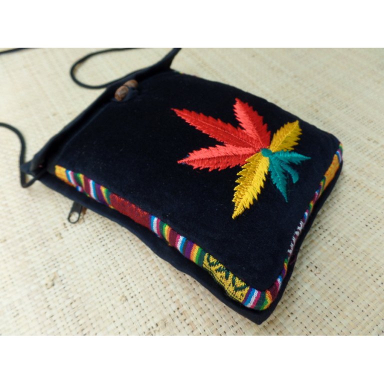 Sac velours noir ghéri brodé feuille rasta