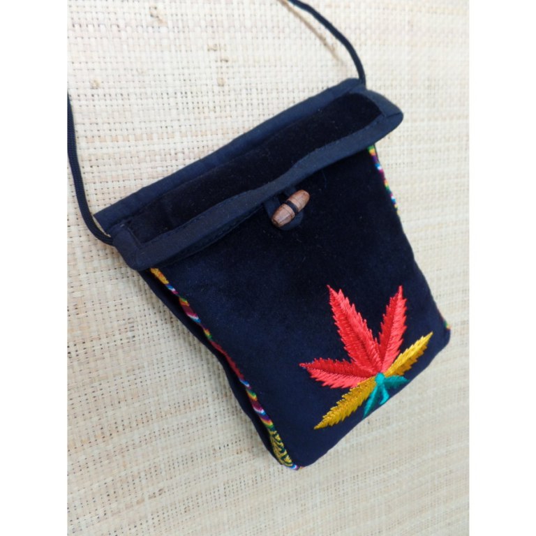 Sac velours noir ghéri brodé feuille rasta