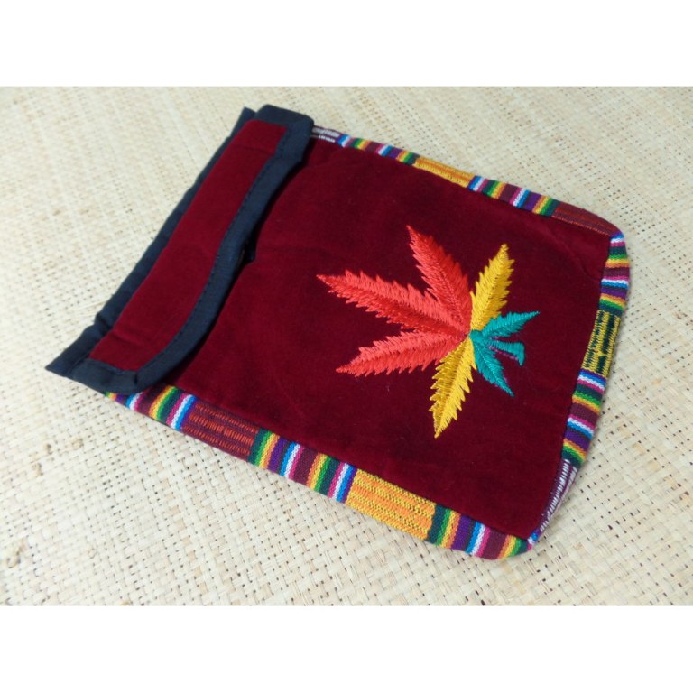 Sac velours bordeaux ghéri brodé feuille rasta