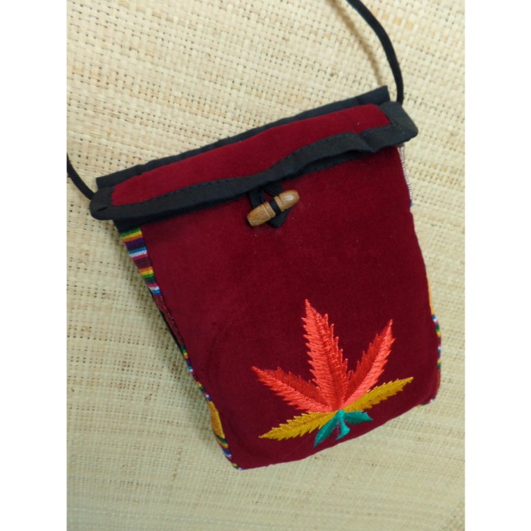 Sac velours bordeaux ghéri brodé feuille rasta