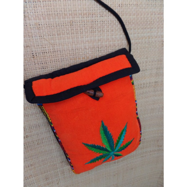 Sac velours orange ghéri brodé feuille verte