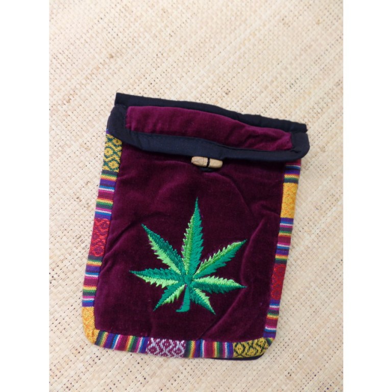 Sac velours bordeaux ghéri brodé feuille verte