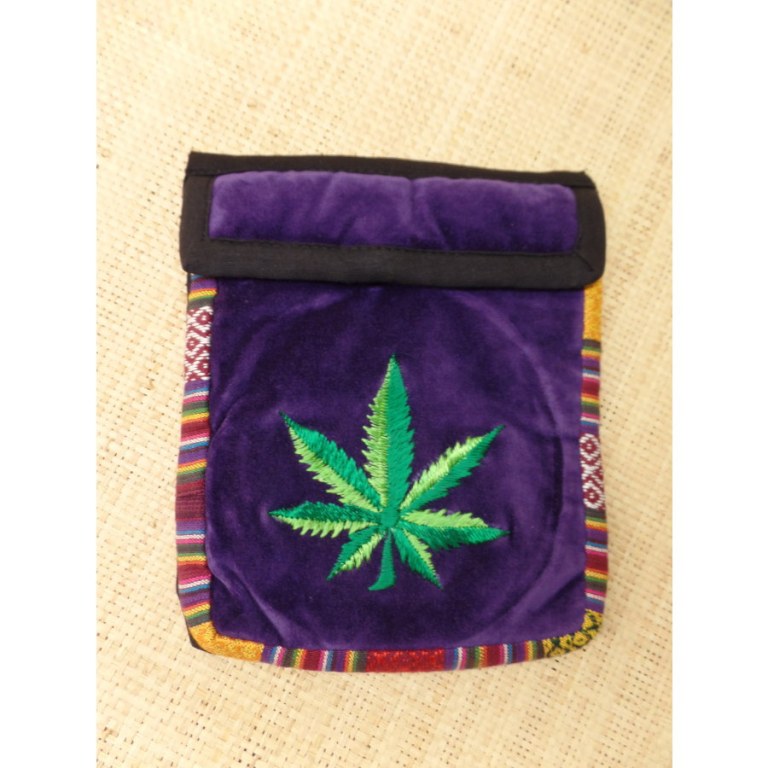 Sac velours violet ghéri brodé feuille verte bicolore