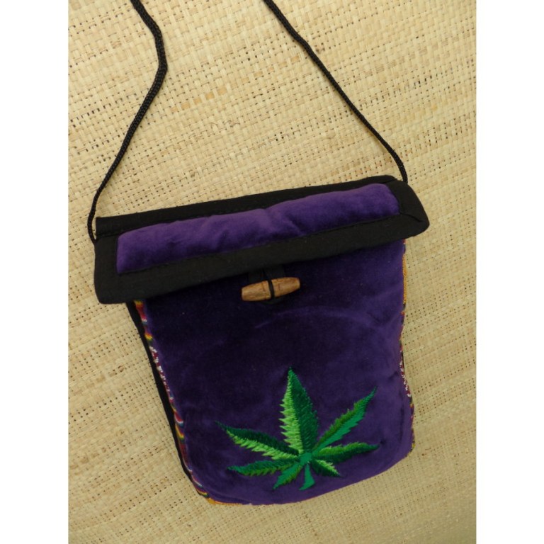 Sac velours violet ghéri brodé feuille verte bicolore