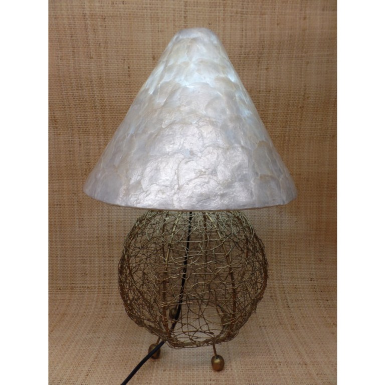 Lampe pied métal chapeau conique en nacre
