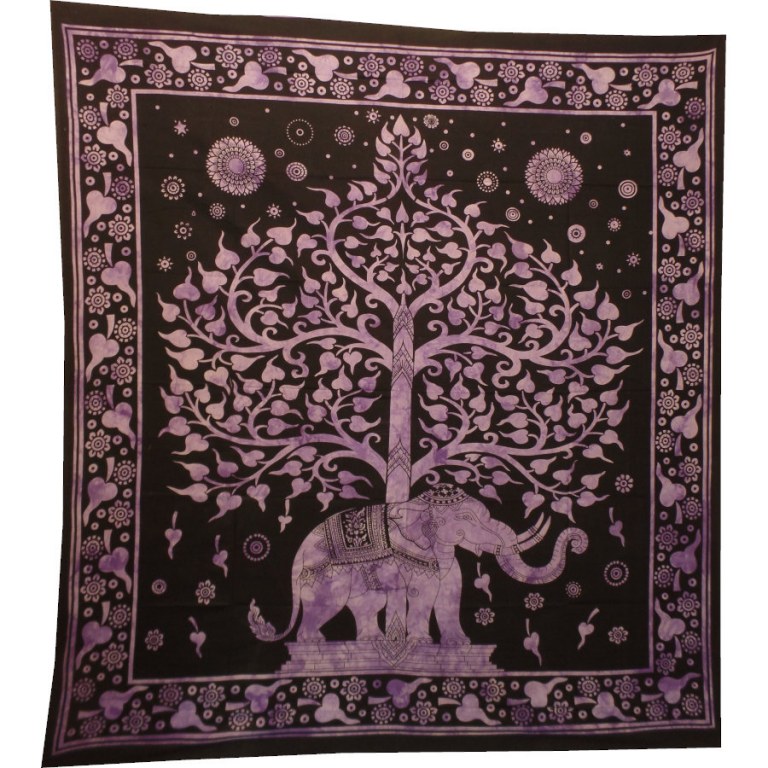 Grande tenture noire arbre de vie et éléphant violet