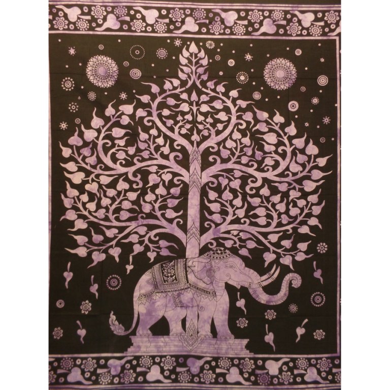 Grande tenture noire arbre de vie et éléphant violet