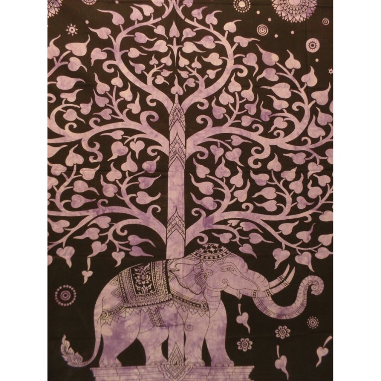 Grande tenture noire arbre de vie et éléphant violet
