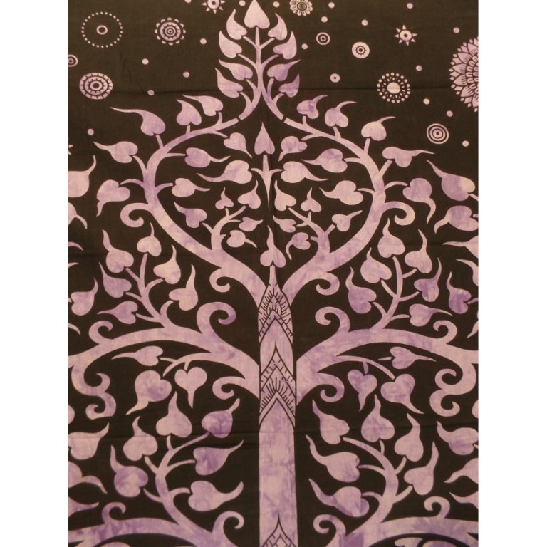 Grande tenture noire arbre de vie et éléphant violet