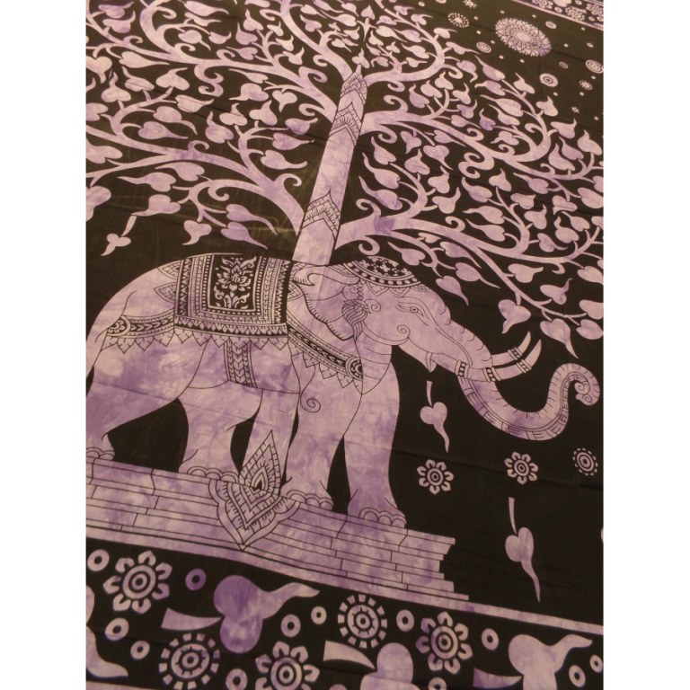 Grande tenture noire arbre de vie et éléphant violet