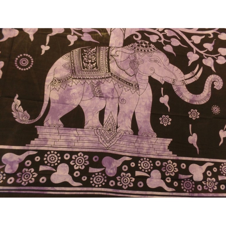 Grande tenture noire arbre de vie et éléphant violet