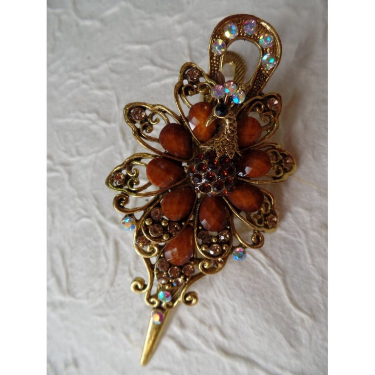 Pince strass fleur paon marron