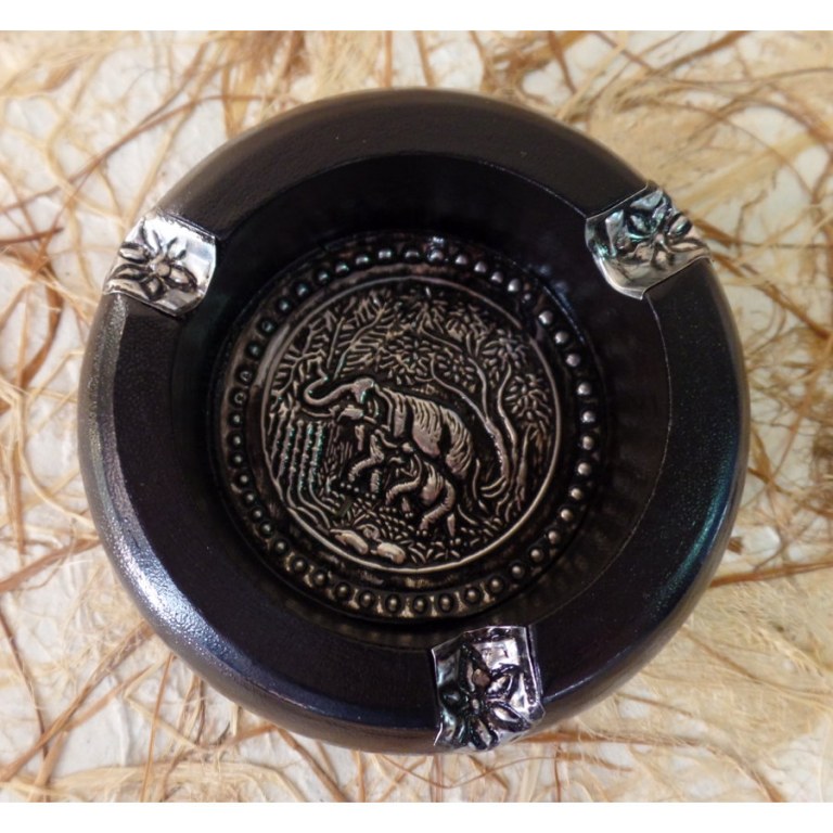 Cendrier rond bois noir éléphant déco alu
