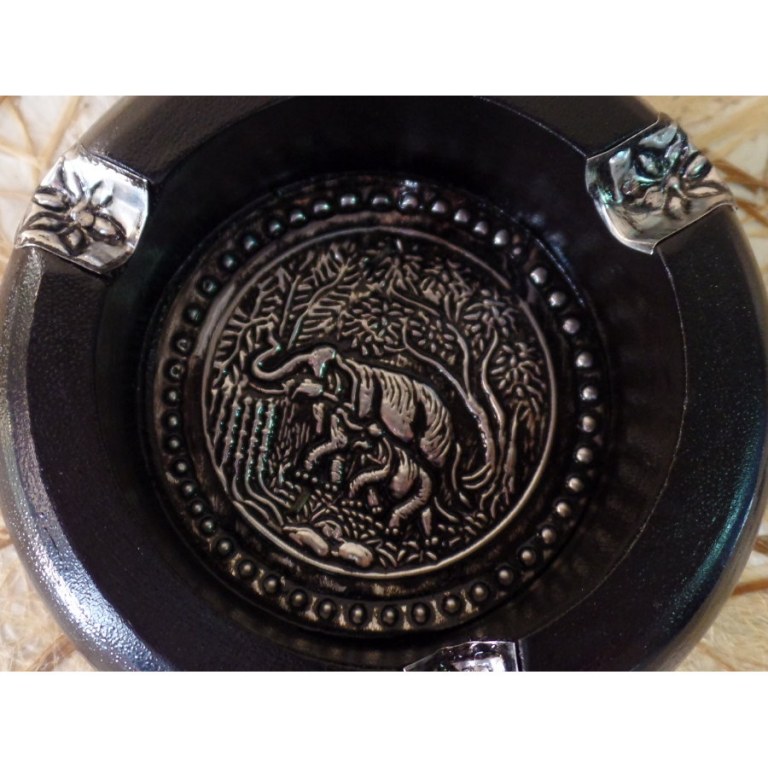 Cendrier rond bois noir éléphant déco alu